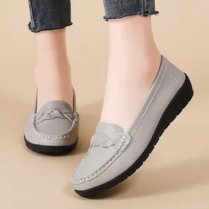 Comfortable women's grey leather loafers with braided detail and anti-slip sole