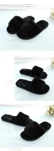 Cozy black faux fur open-toe house slippers with warm plush lining for women and men