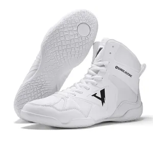 Professional white high-top boxing and wrestling shoes with durable non-slip rubber sole