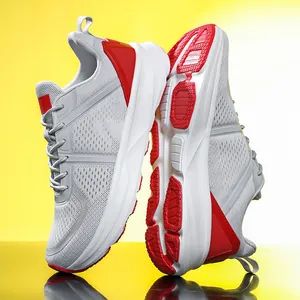 Men's breathable mesh running shoes with wide-width design and cushioning in red and white