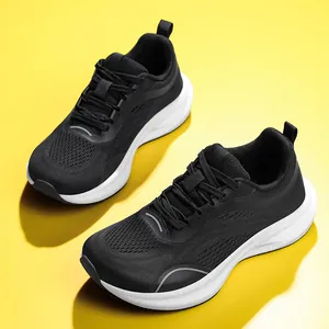 Side view detail of black fly-knit mesh running shoes with wide toe box design for women