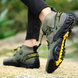 Detailed view of army green outdoor water shoes with rugged non-slip rubber sole