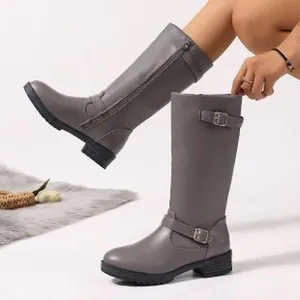 Stylish grey knee-high knight boots with side zipper and decorative buckle detail