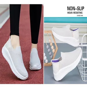 Breathable flyknit slip-on walking sneakers for men and women with non-slip soles.