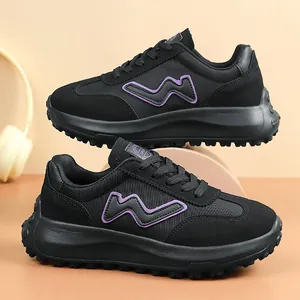 Black platform running shoes for women with purple accents lightweight casual sneakers