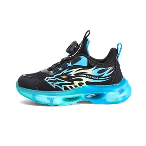 Boys sports shoes with automatic rotating buckle and breathable mesh dragon pattern