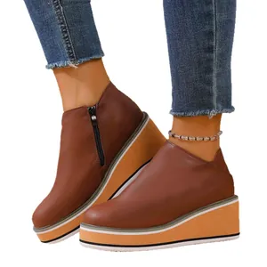 Bottines compensées en similicuir marron pour femme avec plateforme et fermeture éclair
