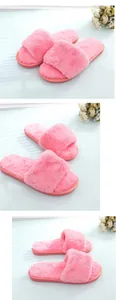 Close-up view showing the soft and plush faux fur of these pink open-toe slippers