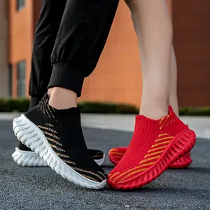 Breathable knit sock sneakers for couples in vibrant black and red colors