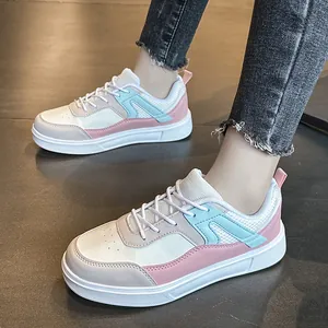 Women's retro casual sneakers featuring pastel pink and blue mesh panels on a platform sole