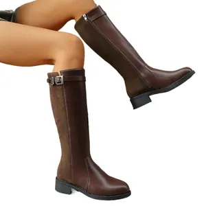 Classic brown knee-high knight boots with buckle detail and convenient side zipper