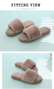 Detailed side view of cozy brown faux fur open-toe slippers for indoor home wear