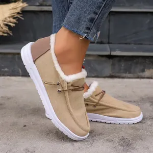 Warm khaki fleece-lined low-top platform loafers for women featuring cozy white fur trim