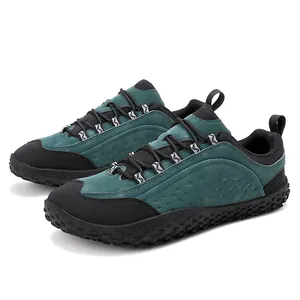Durable wide toe teal green barefoot outdoor hiking shoes with textured non-slip sole