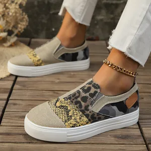 Women Casual Loafers Thick Sole Colorblock Canvas Shoes Patchwork Animal Leopard Snake Print Fashion Flat Sneakers Streetwear