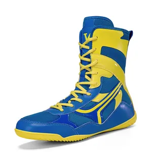 Chaussures de lutte montantes professionnelles bleu et jaune pour l'entraînement homme.