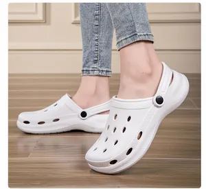 Detail view of breathable white EVA platform clogs for indoor and outdoor wear