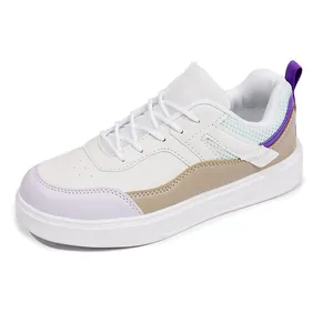 Stylish white women's retro casual sneakers featuring lavender and beige mesh detailing