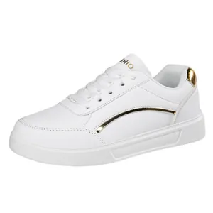 Casual white women's low-top sneaker with gold accents and leather finish