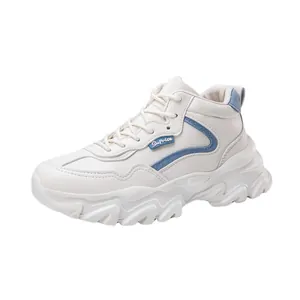 White microfiber chunky sneakers for women with blue accents and platform soles
