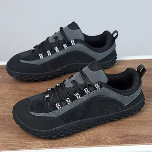 Durable black minimalist wide-toe barefoot hiking shoes with high-grip rubber sole