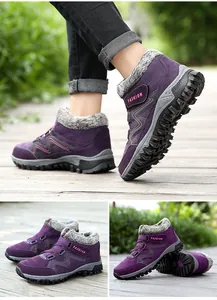 Vue détaillée des bottes de neige violettes avec doublure en fourrure et velcro.