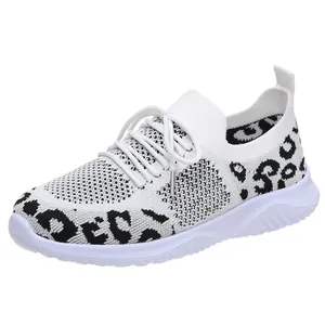 Breathable leopard print knitted women's sneakers with white lightweight mesh sole