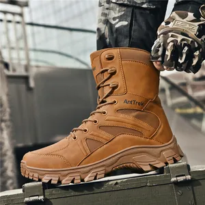 Professional brown high-top tactical hiking boots for rugged outdoor trekking and combat