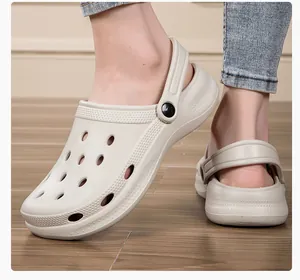 Detailed view showing the texture and holes of comfortable EVA platform clogs on feet