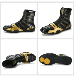 Professional high-top boxing and wrestling shoes in black and gold color, multi-angle view