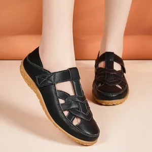 Comfortable black hollow-out flat sandals for women with soft durable non-slip gum sole