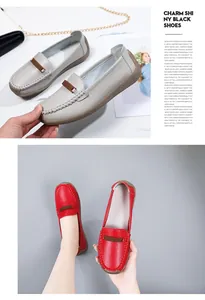 Detailed view of comfortable soft leather loafers for women in grey and red colors