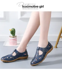 Navy blue hollow-out leather loafers for women with soft rubber anti-slip sole