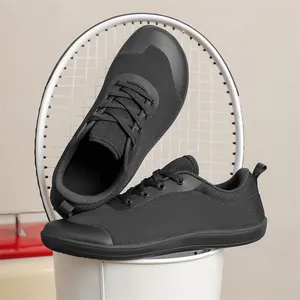 Black wide-toe barefoot sneakers with breathable flyknit mesh fabric for men and women