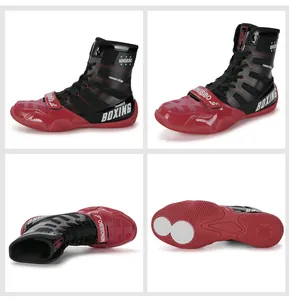 Comprehensive multi-angle detail views of high-top red and black anti-slip boxing shoes
