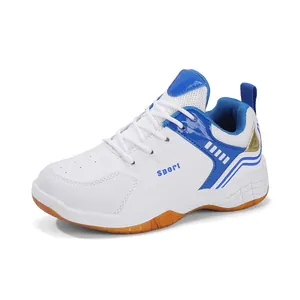 Chaussures de badminton respirantes pour enfants, blanc et bleu, vue latérale professionnelle