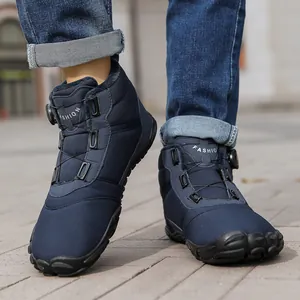 Durable navy blue waterproof snow boots with rotary buckle and warm fur lining for winter