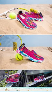 Vibrant multicolor woven breathable slip-on casual walking shoes for women in beach setting
