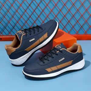 Professional navy blue waterproof leather sports sneakers for men with durable white sole