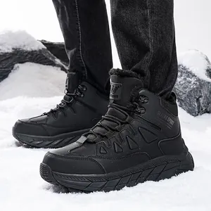 Black mid-top fleece-lined hiking boots for men in a snowy outdoor winter setting