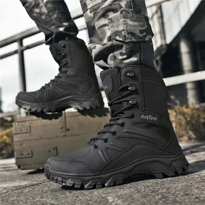 Durable high-top black tactical hiking boots with wear-resistant non-slip soles