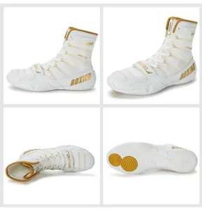 Multiple views of white and gold high-top boxing shoes featuring textured anti-slip soles.