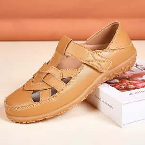 Women's brown hollow-out leather flat sandals with comfortable and soft durable sole