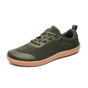 Olive green wide toe box barefoot sneakers with breathable flyknit upper and gum sole