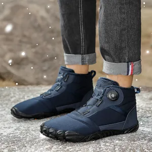 Durable navy blue waterproof outdoor snow boots with rotary buckle and warm fleece lining