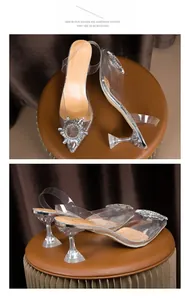 Gros plan de sandales transparentes avec boucle en cristal et talon haut en verre chic
