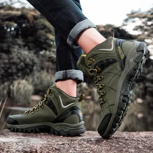 Men's outdoor high-top hiking boots in olive green with anti-slip durable rubber sole