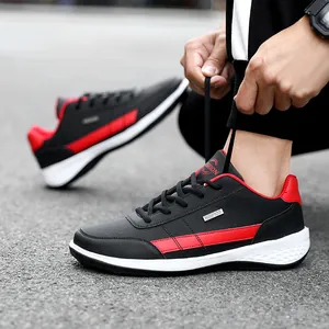 Black and red men's outdoor sneakers with waterproof leather upper and white sole