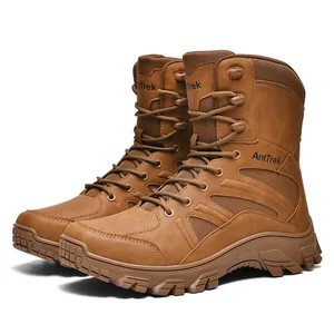 Durable brown high-top tactical hiking boots with non-slip rubber soles for outdoor use