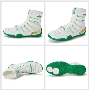 Professional white and green high-top boxing shoes shown in a 4-panel multi-angle view